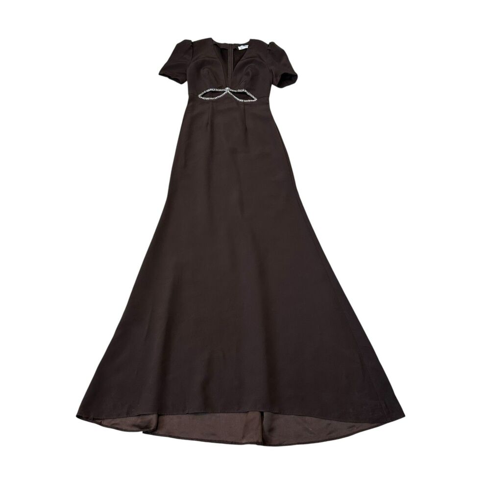 IEENA for Mac Duggal Brown Plunge Neck Puff Sleeve Cut Out Gown Size 0